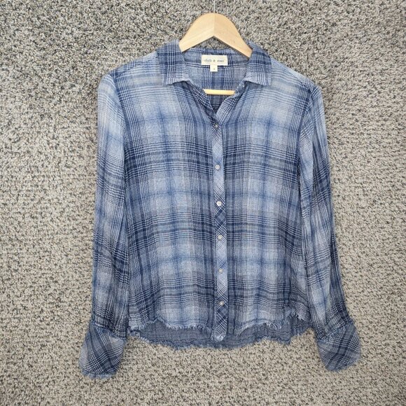 Cloth & Stone Top Womens Small Blue Plaid Button Up Fringe Casual Ladies - Picture 1 of 7